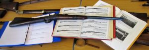 Our expert's impromptu desk during Culvertons valuation of the arms held at the Guildhall Museum in Rochester.