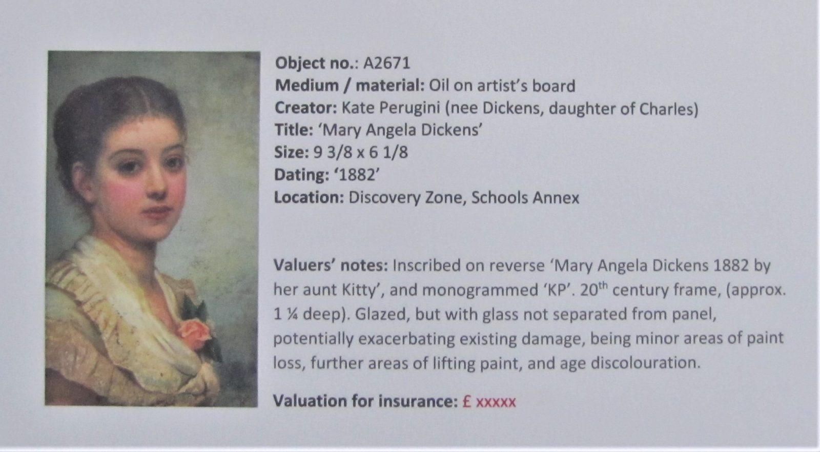 An excerpt from a Culvertons' insurance valuation. It concerns a portrait in oils of Mary Angela Dickens (Charles Dickens daughter). Alongside a photograph of the painting are our valuers notes.