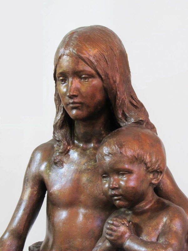 This life-size,terracotta sculpture of siblings by Mortimer Brown was exhibited at the Royal Academy. It came to us covered in layers of house-hold paint. It was only after many hours of careful restoration that the original bronzed surface of this antique artwork was uncovered. 